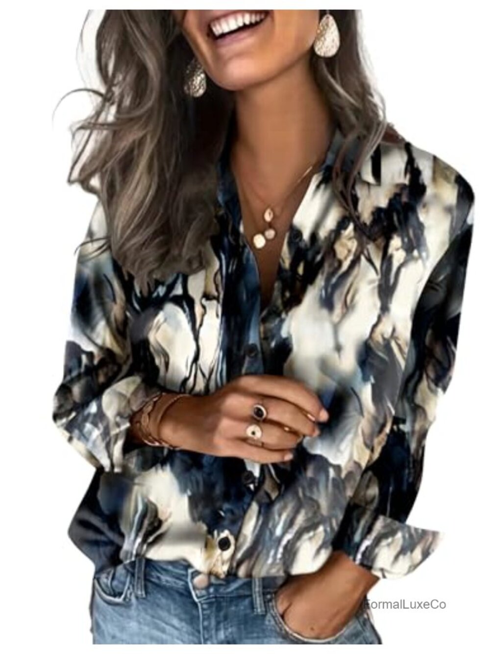 Satin Button Down Blouse Long Sleeve V-Neck Fitted Top